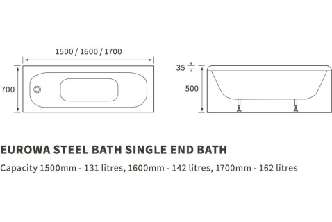 Picadilly Steel Single End 1700x700x500mm 2TH Bath w/Legs