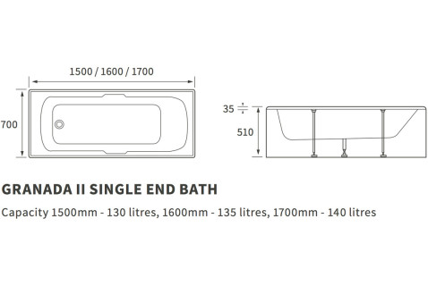 Kilburn Single End Twin Grip Textured Base 8mm 1700x700x510mm 2TH Bath