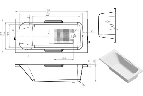 Hendon Gripped 1500x700x550mm 0TH Bath w/Legs