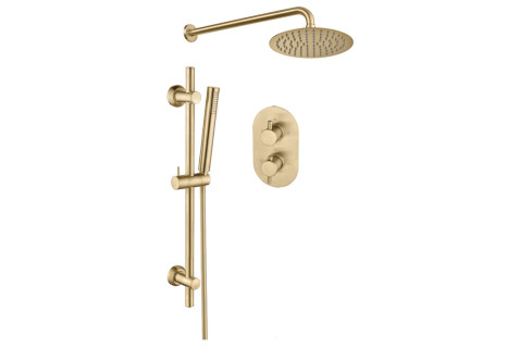 Two Outlet Shower Valve w/Riser & Overhead Kit - Brushed Brass