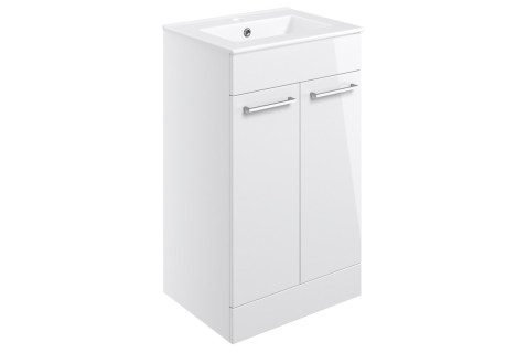 Boxed 510mm Floor Standing 2 Door Basin Unit & Basin - White Gloss