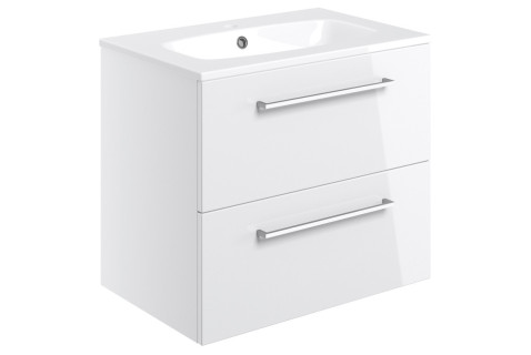 Boxed 610mm Wall Hung 2 Drawer Basin Unit & Basin - White Gloss