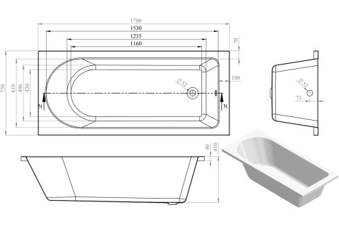 Aldgate Round Single Ended 1700x750x550mm 0TH Bath w/Legs