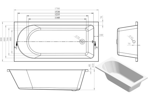 Aldgate Round Single Ended 1700x800x550mm 0TH Bath w/Legs