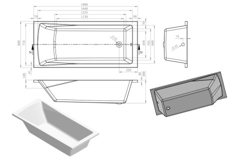Aldgate Round Single Ended 1800x800x550mm 0TH Bath w/Legs
