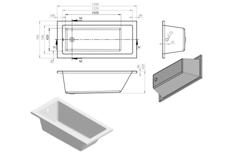 Bethnal Square Single Ended 1500x700x550mm 0TH Bath w/Legs