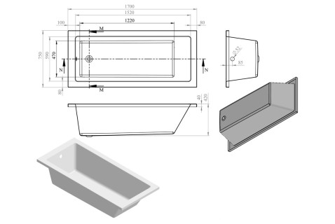 Bethnal Square Single Ended Reinforced SUPERCAST 1700x750x550mm 0TH Bath w/Legs