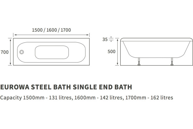Picadilly Steel Single End 1700x700x500mm 2TH Bath w/Legs