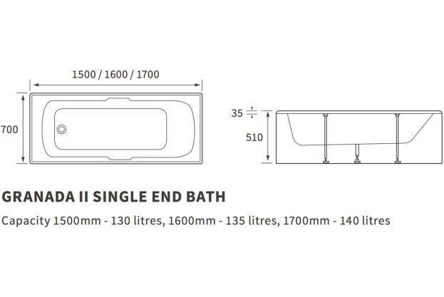 Kilburn Single End Twin Grip Textured Base 8mm 1700x700x510mm 2TH Bath