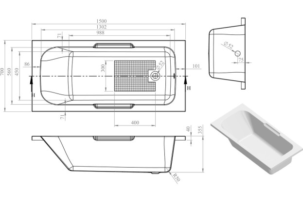 Hendon Gripped 1500x700x550mm 0TH Bath w/Legs