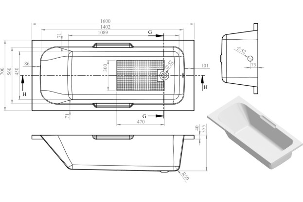Hendon Gripped 1600x700x550mm 0TH Bath w/Legs