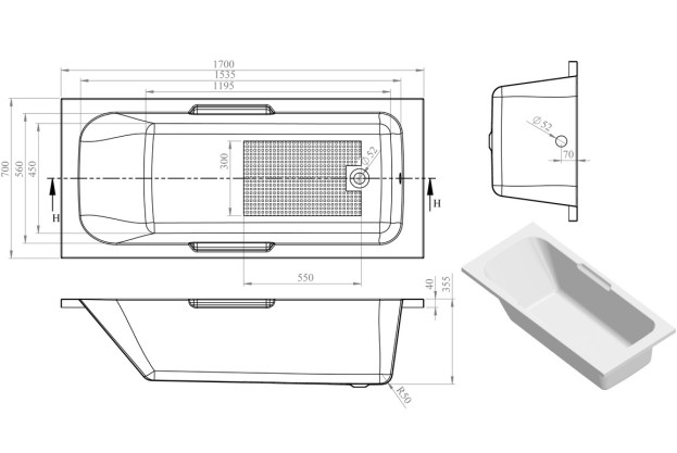 Hendon Gripped 1700x700x550mm 0TH Bath w/Legs