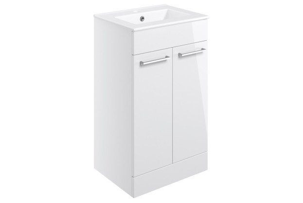 Boxed 510mm Floor Standing 2 Door Basin Unit & Basin - White Gloss