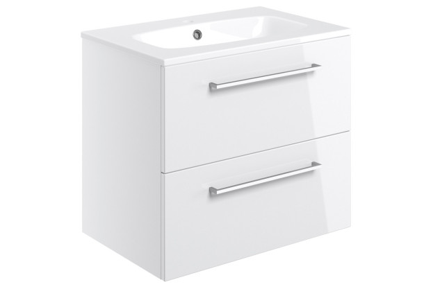 Boxed 610mm Wall Hung 2 Drawer Basin Unit & Basin - White Gloss