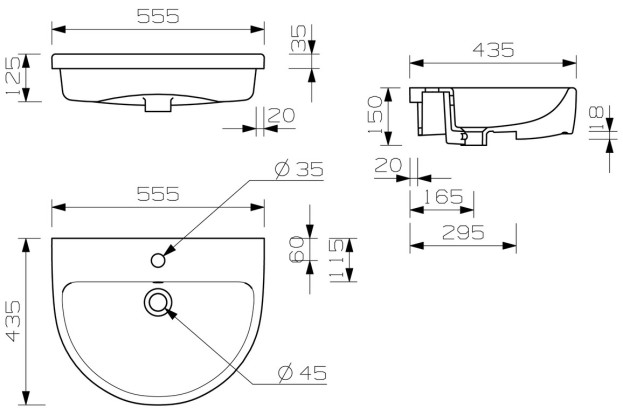 Valencia 555x435mm 1TH Semi Recessed Basin