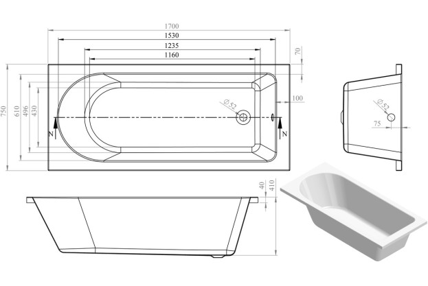 Aldgate Round Single Ended 1700x750x550mm 0TH Bath w/Legs