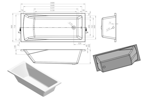 Aldgate Round Single Ended 1800x800x550mm 0TH Bath w/Legs