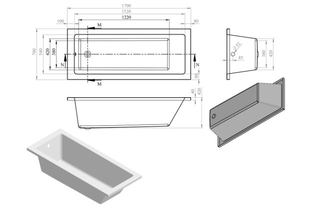 Bethnal Square Single Ended Reinforced SUPERCAST 1700x700x550mm 0TH Bath w/Legs