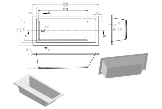 Bethnal Square Single Ended 1800x800x550mm 0TH Bath w/Legs
